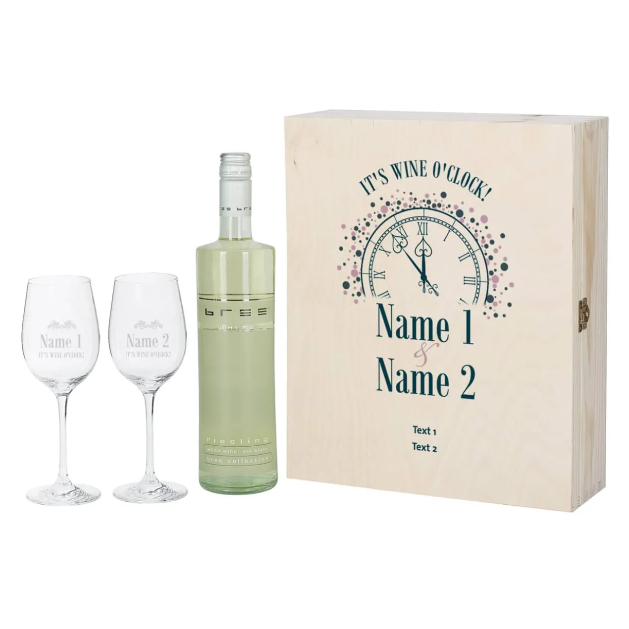 IT'S WINE O'CLOCK! Geschenkset - Weingläser und Flasche in persönlicher Holzbox