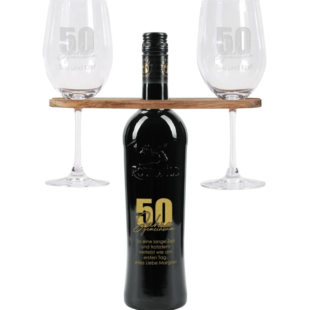 50 Jahre gemeinsam - Geschenkset zur goldenen Hochzeit mit Wein nach Wahl, Wunschnamen und Text