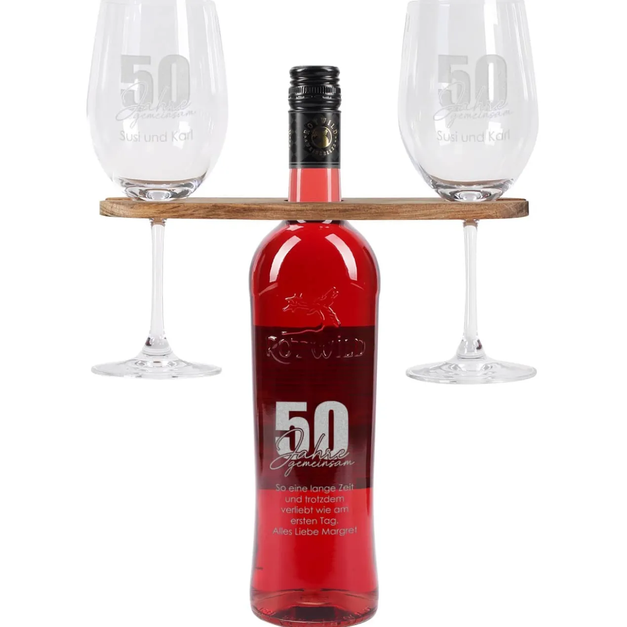 50 Jahre gemeinsam - Geschenkset zur goldenen Hochzeit mit Wein nach Wahl, Wunschnamen und Text