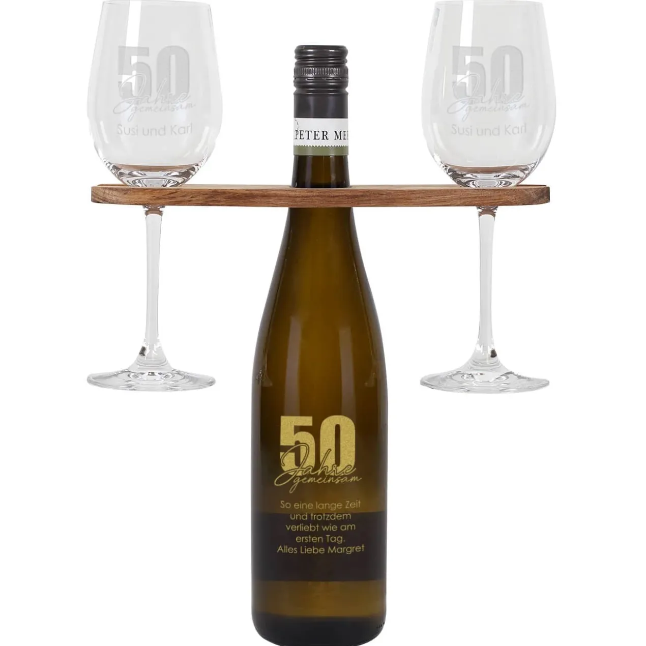 50 Jahre gemeinsam - Geschenkset zur goldenen Hochzeit mit Wein nach Wahl, Wunschnamen und Text