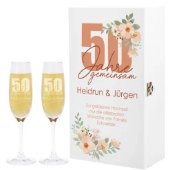 50 Jahre gemeinsam - Geschenkset mit Holzbox und Sektgläsern zur Goldhochzeit