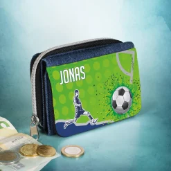 Jeansgeldbörse mit Fußballmotiv und Name