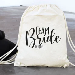 JGA Baumwoll-Rucksack mit Wunschname | Team Bride | Schwarz & Natur