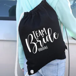 JGA Baumwoll-Rucksack mit Wunschname | Team Bride | Schwarz & Natur