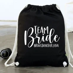 JGA Baumwoll-Rucksack mit Wunschname | Team Bride | Schwarz & Natur