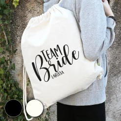 JGA Baumwoll-Rucksack mit Wunschname | Team Bride | Schwarz & Natur