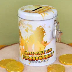 Jugendweihe Spardose aus Metall mit Schloss