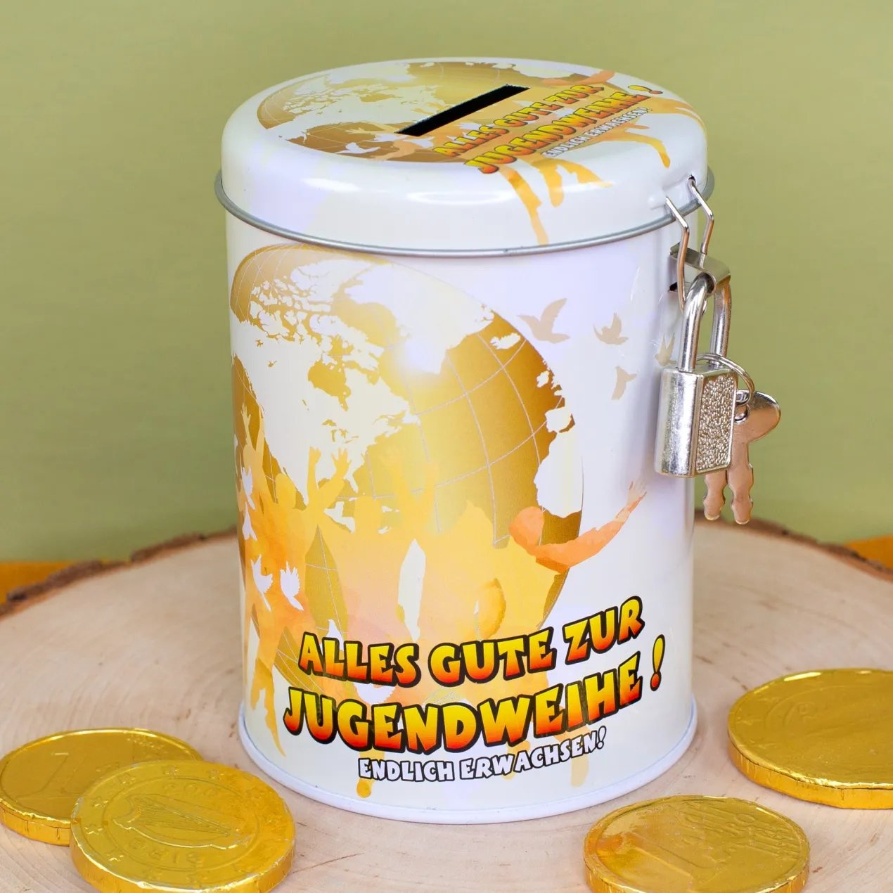 Jugendweihe Spardose aus Metall mit Schloss
