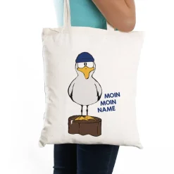 Jutebeutel mit Möwe, Moin Moin und Ihrem Wunschnamen bedruckt