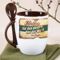 Kaffeetasse mit Löffel für den besten Opa mit Wunschname bedruckt