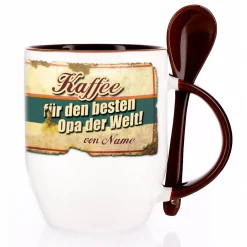 Kaffeetasse mit Löffel für den besten Opa mit Wunschname bedruckt