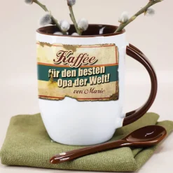 Kaffeetasse mit Löffel für den besten Opa mit Wunschname bedruckt