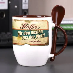 Kaffeetasse mit Löffel für den besten Opa mit Wunschname bedruckt