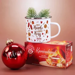 Kalte Hände, warmes Herz - Weihnachtsgeschenkset mit Christbaumkugel, Tee, Emailletasse und Geschenk