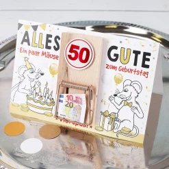 Karte mit Mausefalle zum 50. Geburtstag