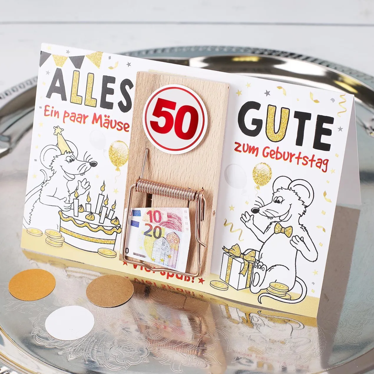 Karte mit Mausefalle zum 50. Geburtstag
