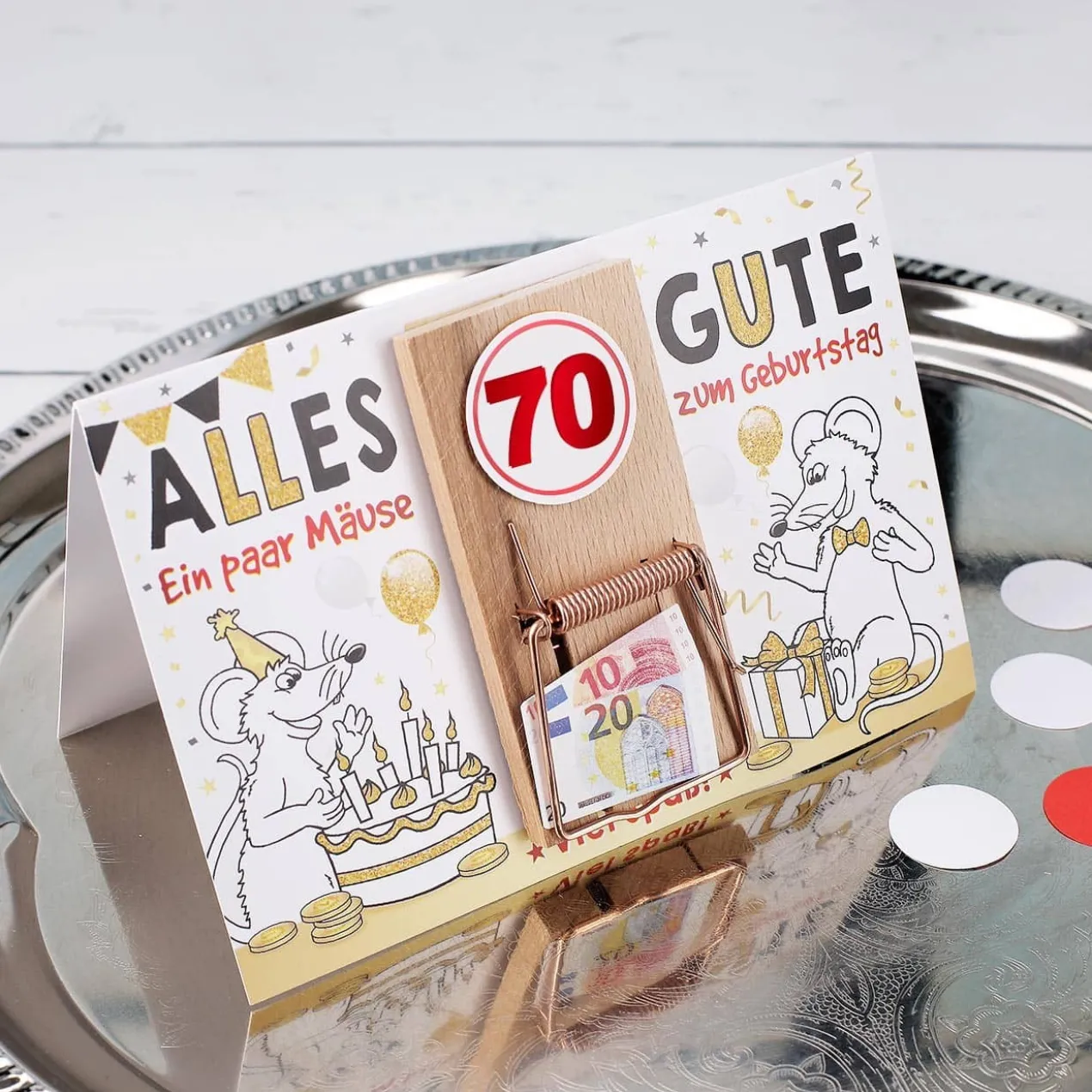 Karte mit Mausefalle zum 70. Geburtstag