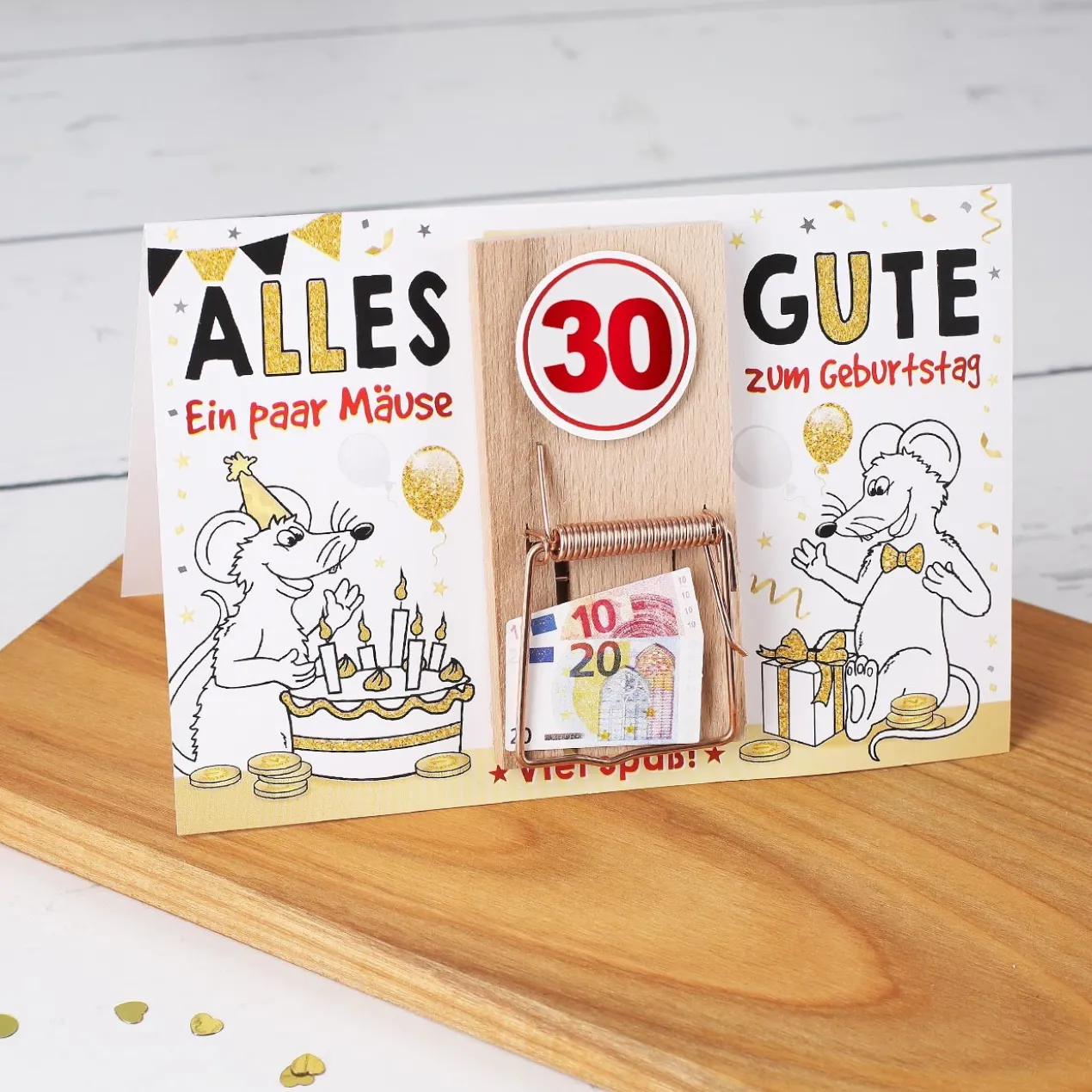 Karte mit Mausefalle zum 30. Geburtstag
