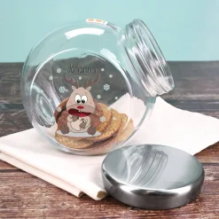 Keksdose aus Glas mit niedlichem Rentier und Ihrem Wunschnamen