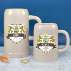 Keramik Bierkrug 'Löwen' personalisiert mit Name & Jahr | Steingut Bierglas 0,5 oder 1 Liter