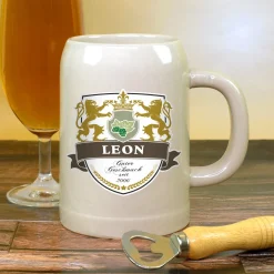 Keramik Bierkrug 'Löwen' personalisiert mit Name & Jahr | Steingut Bierglas 0,5 oder 1 Liter