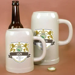 Keramik Bierkrug 'Löwen' personalisiert mit Name & Jahr | Steingut Bierglas 0,5 oder 1 Liter