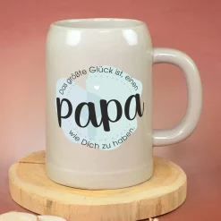 Keramik Bierkrug 'Papa Glück' als Geschenk für Väter | Steingut Bierglas 0,5 oder 1 Liter
