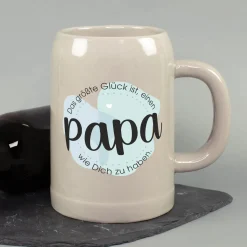 Keramik Bierkrug 'Papa Glück' als Geschenk für Väter | Steingut Bierglas 0,5 oder 1 Liter