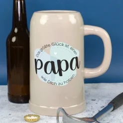 Keramik Bierkrug 'Papa Glück' als Geschenk für Väter | Steingut Bierglas 0,5 oder 1 Liter
