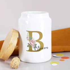Keramikdose mit Rosen-Monogramm und Name