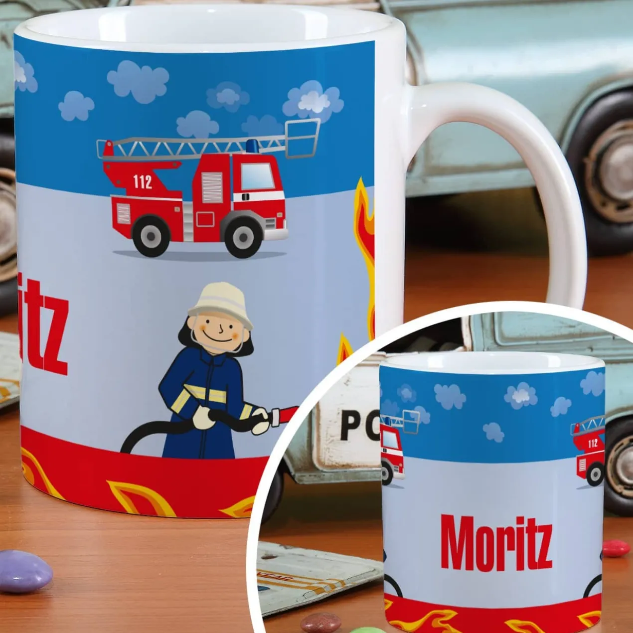 Keramiktasse mit Feuerwehr und Name bedruckt