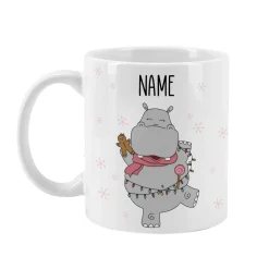 Keramiktasse mit Nilpferd, Ihrem Wunschnamen und Schneeflocken