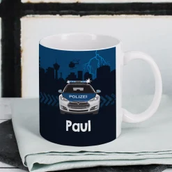 Keramiktasse mit Polizeiauto und Name