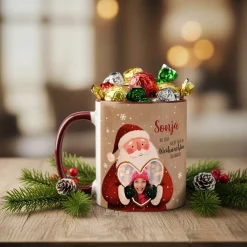 Keramiktasse mit Weihnachtsmann & Foto im Lebkuchenherz | Personalisiert mit Name zu Weihnachten