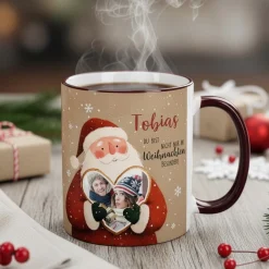 Keramiktasse mit Weihnachtsmann & Foto im Lebkuchenherz | Personalisiert mit Name zu Weihnachten