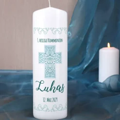 Kerze für religiöse Anlässe mit Name, Datum und Wunschtext, 25x8 cm