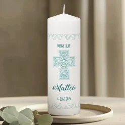 Kerze für religiöse Anlässe mit Name, Datum und Wunschtext, 25x8 cm