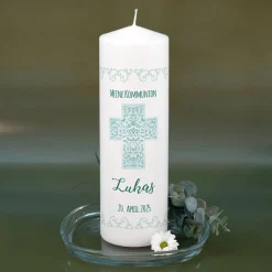 Kerze für religiöse Anlässe mit Name, Datum und Wunschtext, 25x8 cm