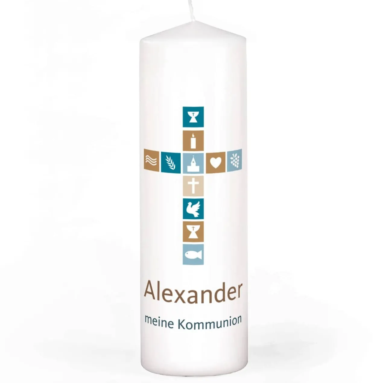Kerze für religiöse Anlässe mit Name, Wunschtext sowie Kreuz in blau und braun, 25 x 8 cm