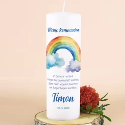 Kerze mit Regenbogenmotiv zur Taufe, Kommunion oder Konfirmation