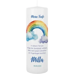 Kerze mit Regenbogenmotiv zur Taufe, Kommunion oder Konfirmation