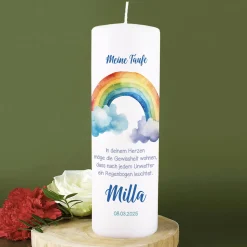 Kerze mit Regenbogenmotiv zur Taufe, Kommunion oder Konfirmation