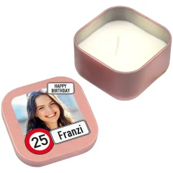 Kerze zum Geburtstag mit Foto, Name & Alter personalisiert | Mini Duftkerze im Verkehrszeichen Look