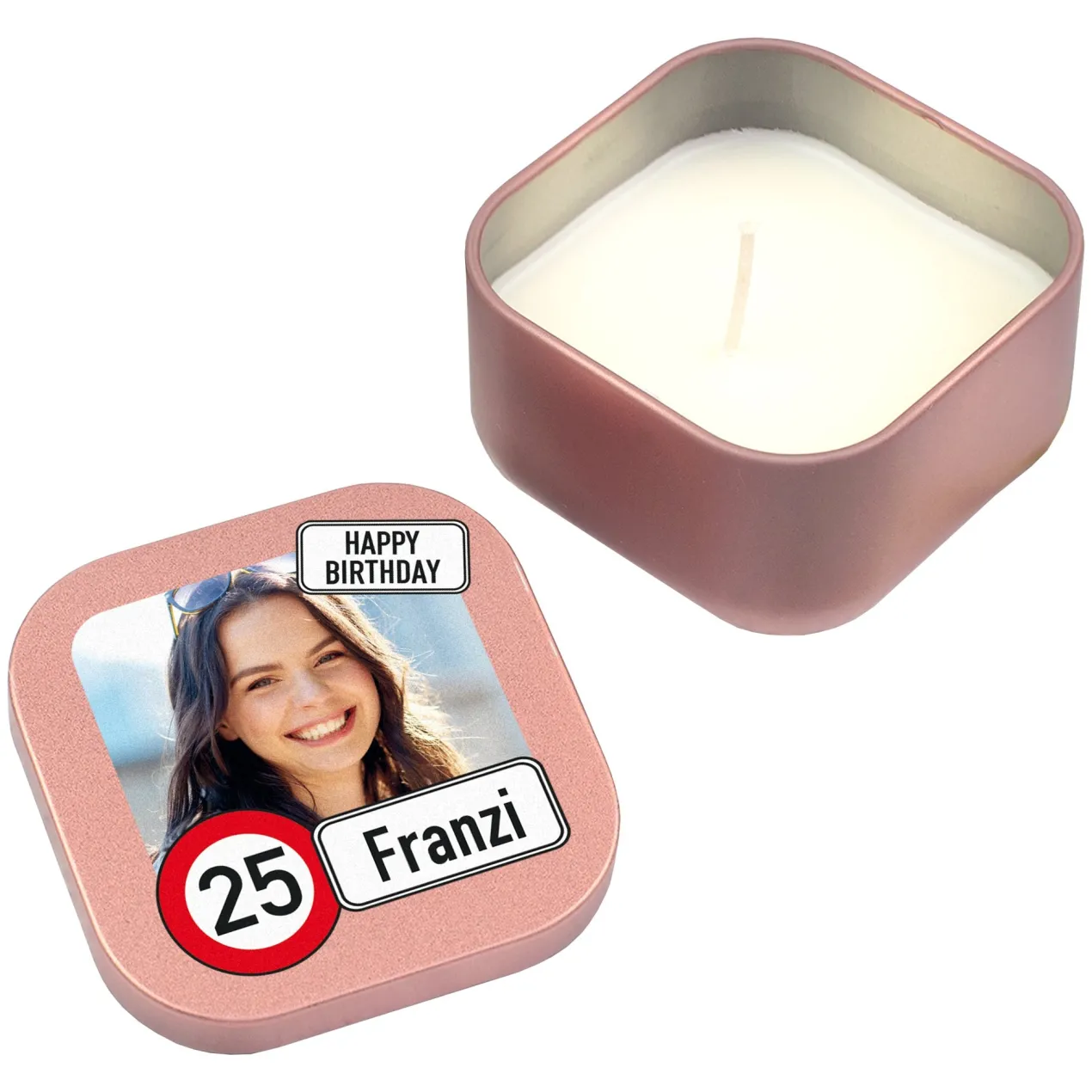 Kerze zum Geburtstag mit Foto, Name & Alter personalisiert | Mini Duftkerze im Verkehrszeichen Look