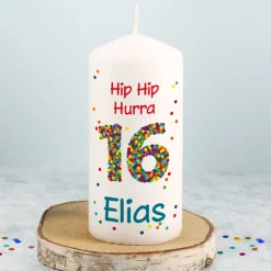 Kerze zum 16. Geburtstag mit Name und Wunschtext