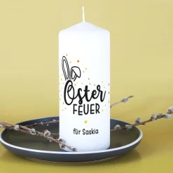 Kerze zu Ostern mit Osterfeuer-Aufdruck und Ihrem Wunschtext