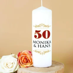 Kerze zur Goldenen Hochzeit mit Namen des Paares
