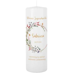 Kerze zur Jugendweihe mit Wildblumen im Watercolor Stil mit Name, Datum und Wunschtext