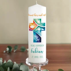 Kerze zur Konfirmation & Kommunion personalisierbar | Kommt her und esst!