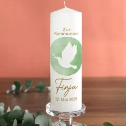 Kerze zur Konfirmation, Kommunion & Taufe personalisierbar mit Wunschdaten | Taube mit Zweig